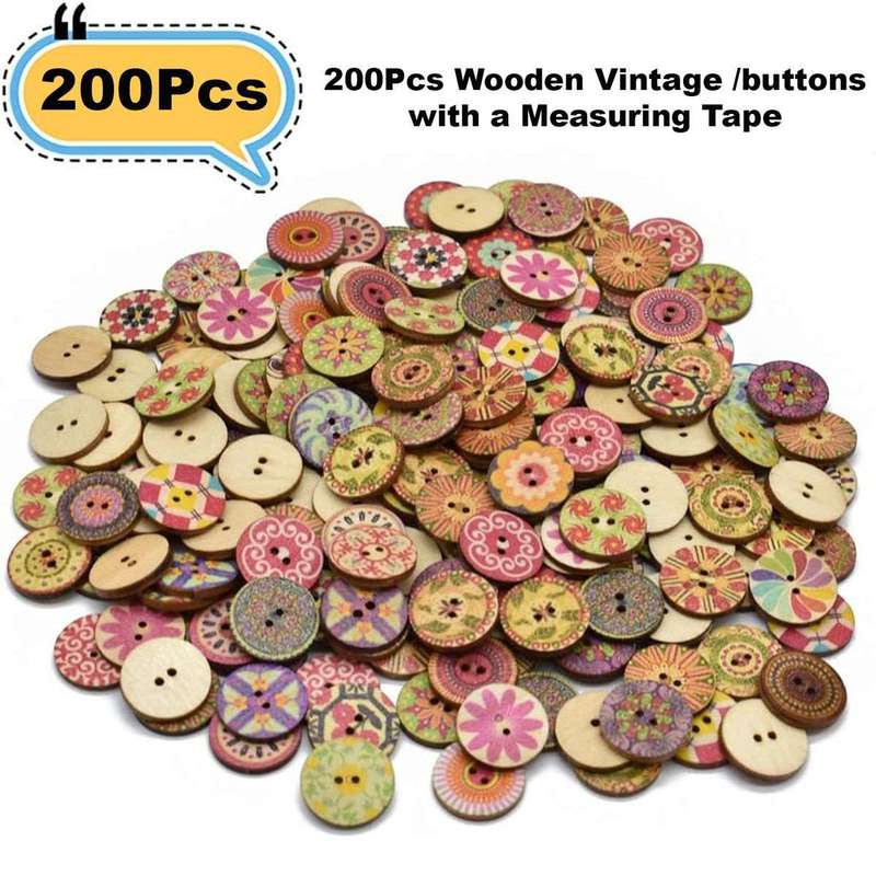 200 Pack Wooden Sewing Buttons Coconut Shell & Measuring Tape