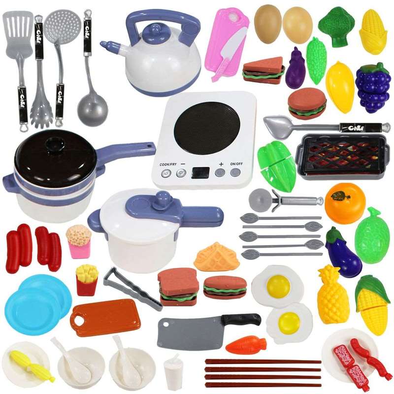 64 Piece Pretend Play Kitchen Fruit Food Cutting Set Toys Pot Stove