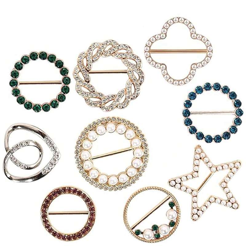 9 Pack T-Shirt Scarf Clips & Clothes Corner Knotted Button Pearl Rhinestone
