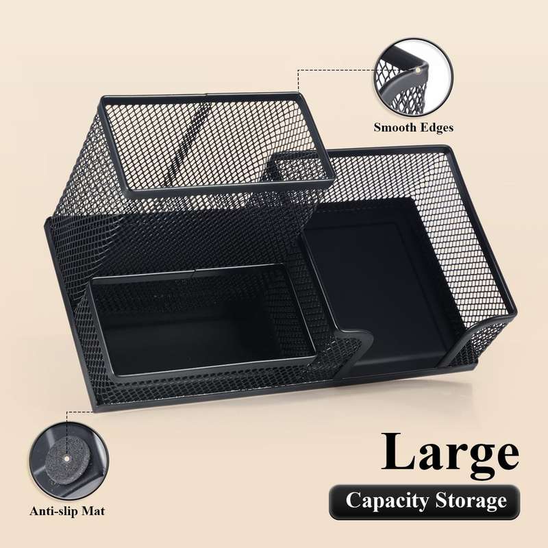 Caart In Mart Mesh Desk Organisers Pencil Pen Holder For Office- 3 Compartments-Black
