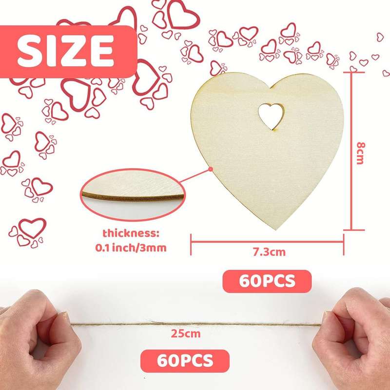 60Pcs Wooden Heart Blank Wood Slices Craft DIY