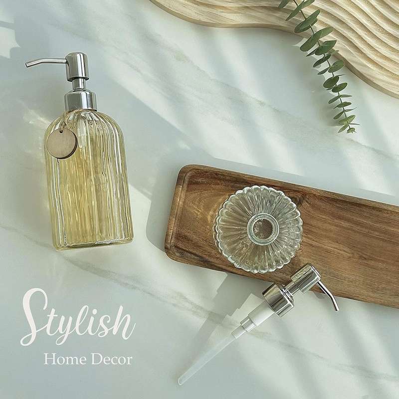 2 Pack Glass Soap Dispenser Clear Refillable Stainless Steel Pump &Tags