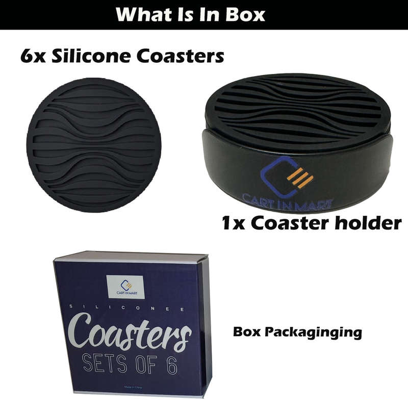 6 Pack Silicone Coasters Set With Holder For Drink Cup Barware - Black
