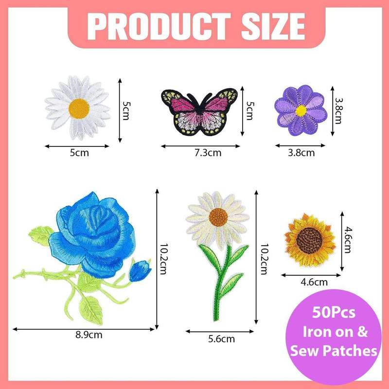50 Pack Flower Iron on Repair Patch For Jeans Denim Fabric With Needle