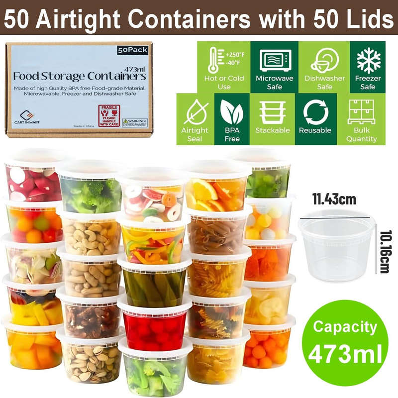 50-Pack Deli Food Storage Containers With Lids For Soup,Meal Prep-475ml