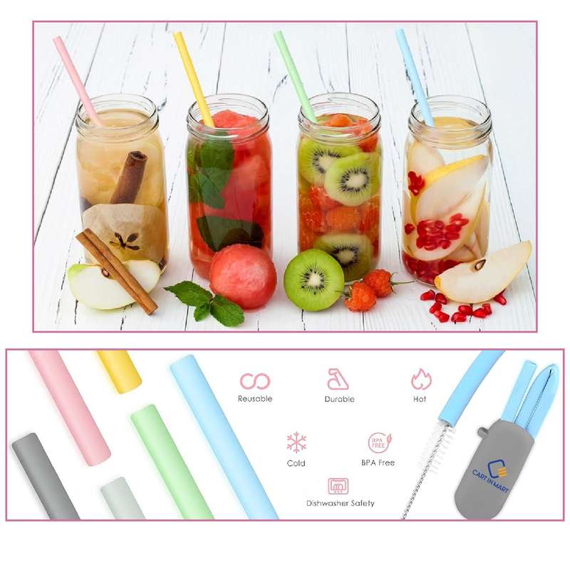 12 Pack Silicone Drinking Straws Reusable Odorless With Pouches & Brushes