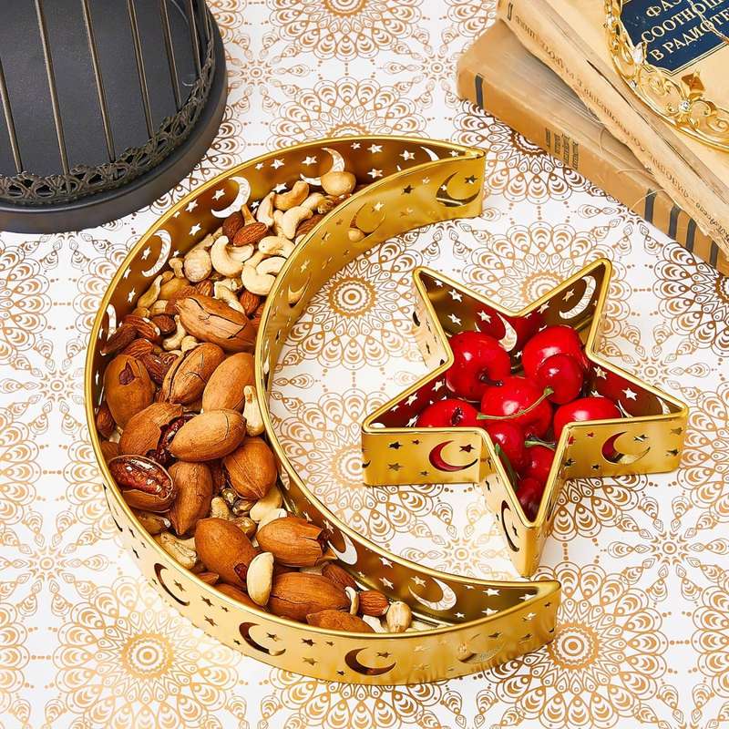 2 Pieces Eid Mubarak Decoration Moon Star Serving Metal Tray Islamic Gift