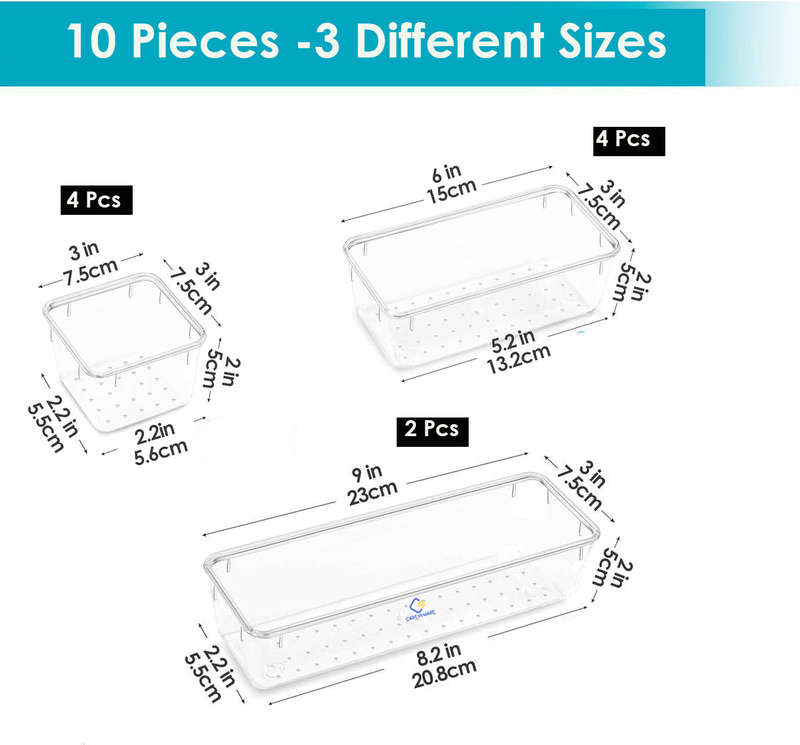 10 Piece Clear Acrylic Plastic Drawer Organizer Set 3 Sizes For Cosmetics