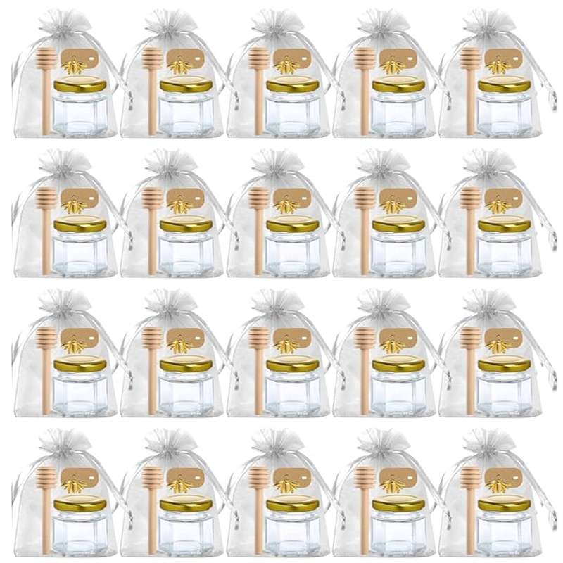 20 Pack Mini Honey Jars Pots With Dipper, Bee Pendant, Jute Party Gift Favor