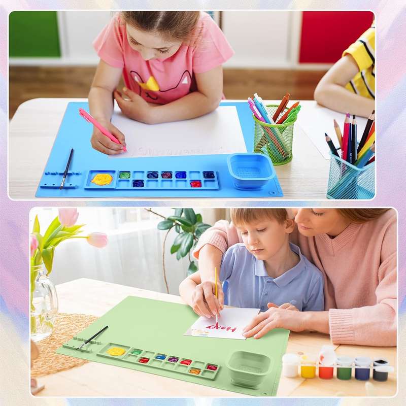 2 Pack Silicone Painting Art Mat For Kids With Cups & 15 Dividers -50x40cm