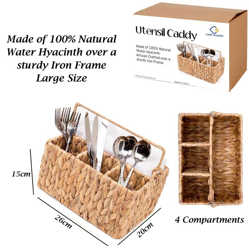 Wicker Cutlery Holder With Handle Silverware Caddy Organiser For Tabletop - Water Hyacinth
