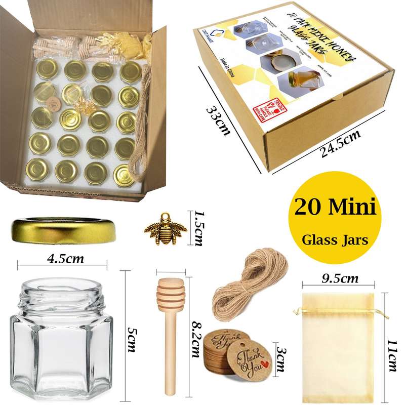 20 Pack Mini Honey Jars Pots With Dipper, Bee Pendant, Jute Party Gift Favor