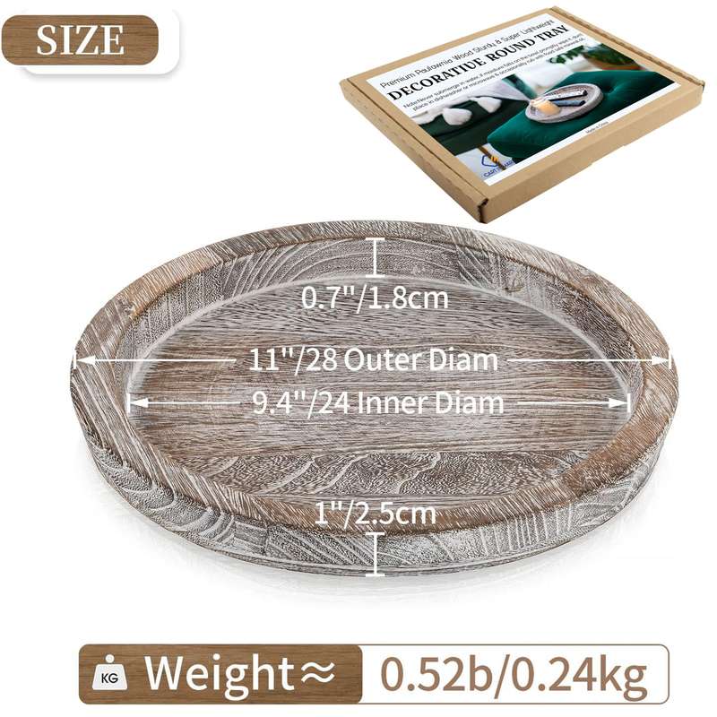 Round Wooden Serving Tray Vintage Home Decor Table Countertop Centerpiece - Rustic