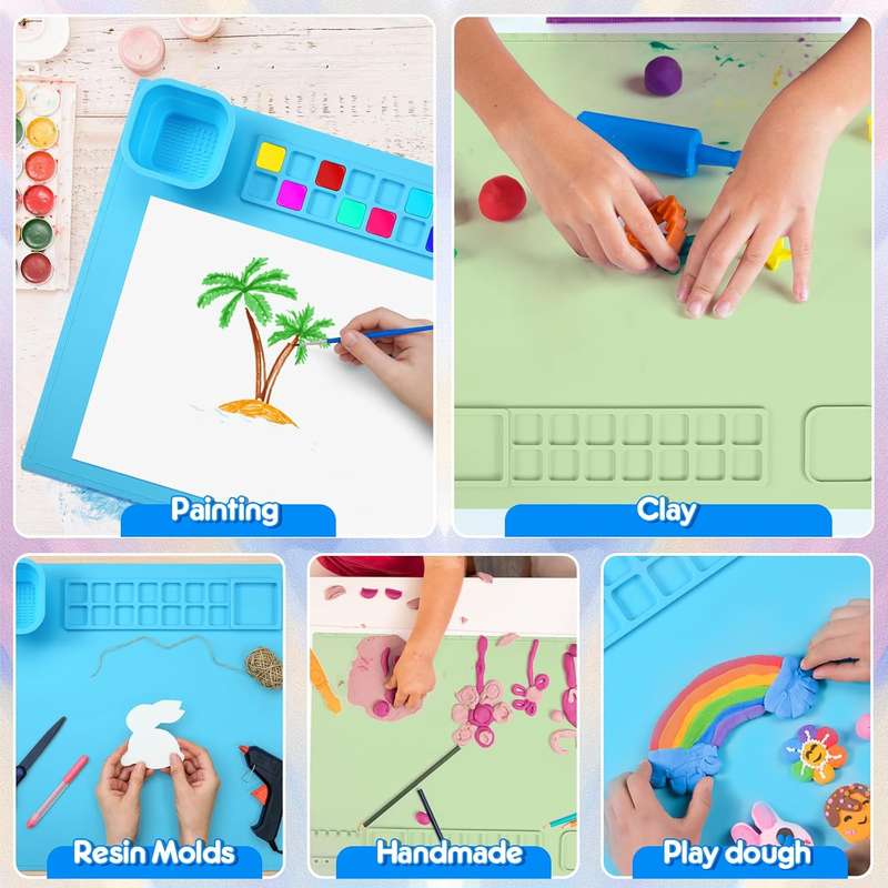 2 Pack Silicone Painting Art Mat For Kids With Cups & 15 Dividers -50x40cm