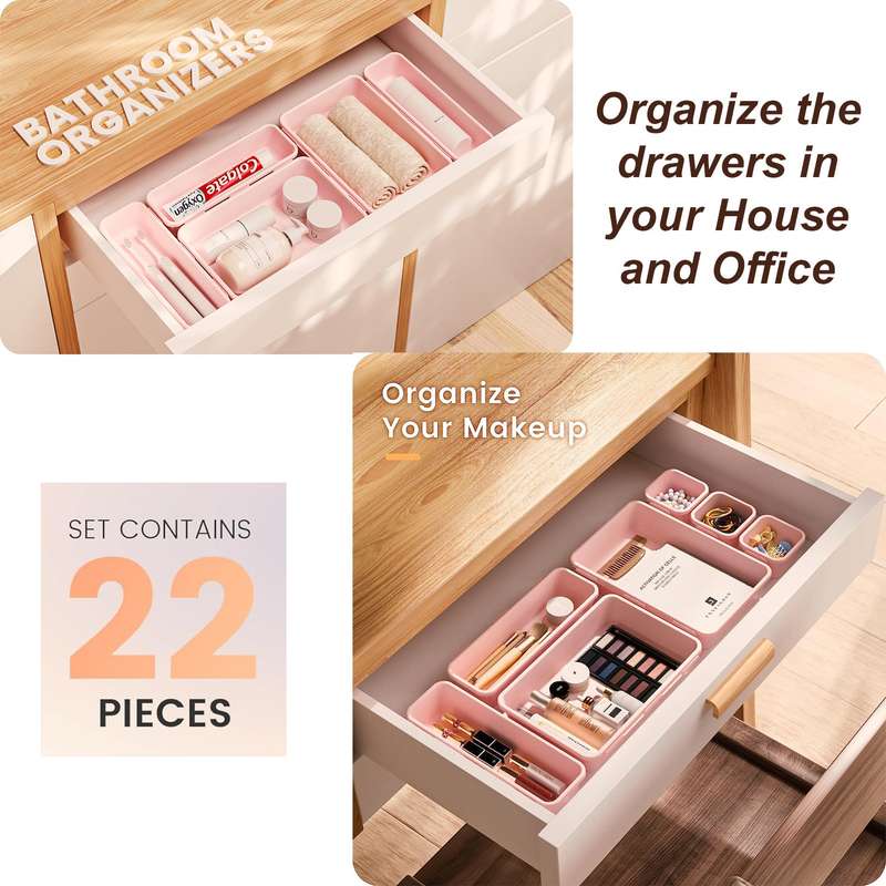 Plastic Drawer Organiser Storage Bins For Makeup Bathroom Utensils - 22 Piece