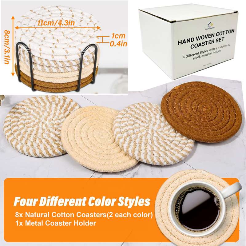 Cotton Drink Coasters With Holder For Drinks Minimalist Hand Woven - 8 Pack - 4 Colors
