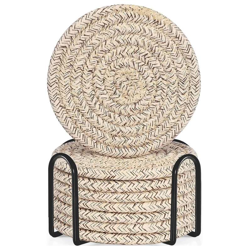 Cotton Drink Coasters With Holder For Drinks Minimalist Hand Woven - 8 Pack - 4 Colors