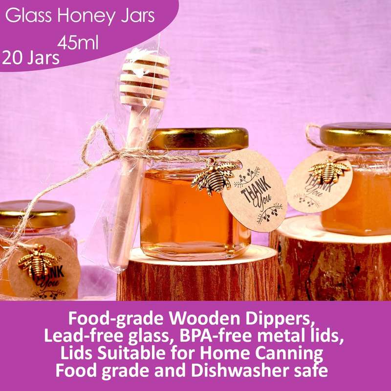 20 Pack Mini Honey Jars Pots With Dipper, Bee Pendant, Jute Party Gift Favor
