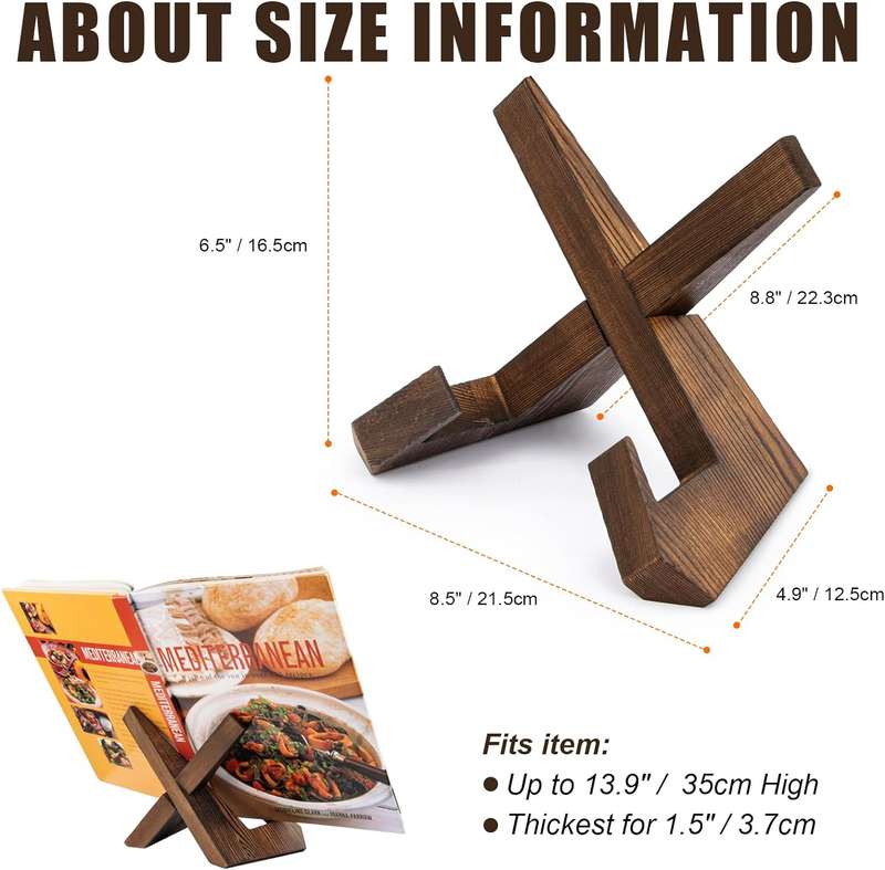 Wooden Cookbook Stand For Kitchen Counter Recipe Book Holder- Rustic Brown