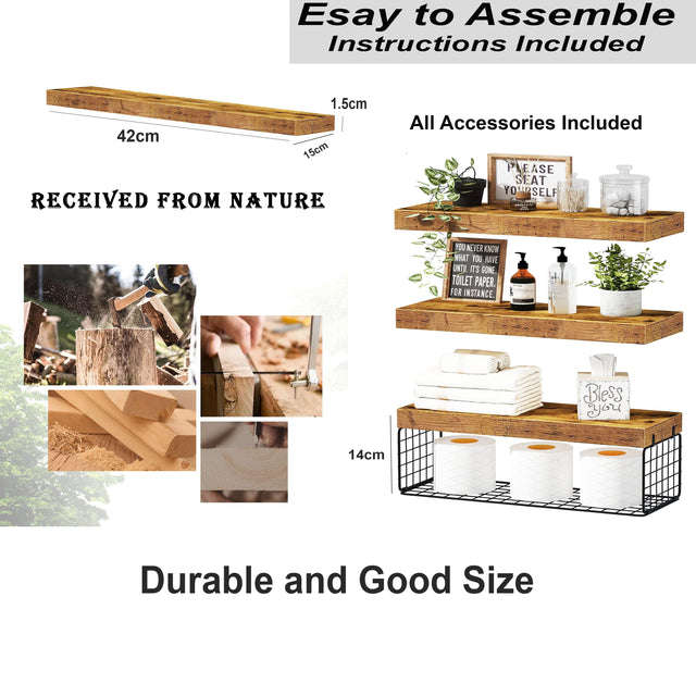 3 Pack Bathroom Floating Shelves For Wall Mounted Over Toilet- Rustic Brown