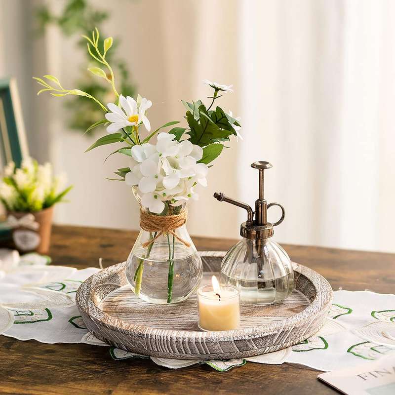 Round Wooden Serving Tray Vintage Home Decor Table Countertop Centerpiece - Rustic
