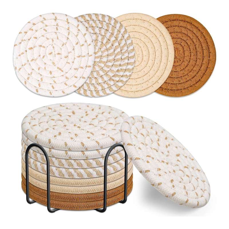 Cotton Drink Coasters With Holder For Drinks Minimalist Hand Woven - 8 Pack - 4 Colors