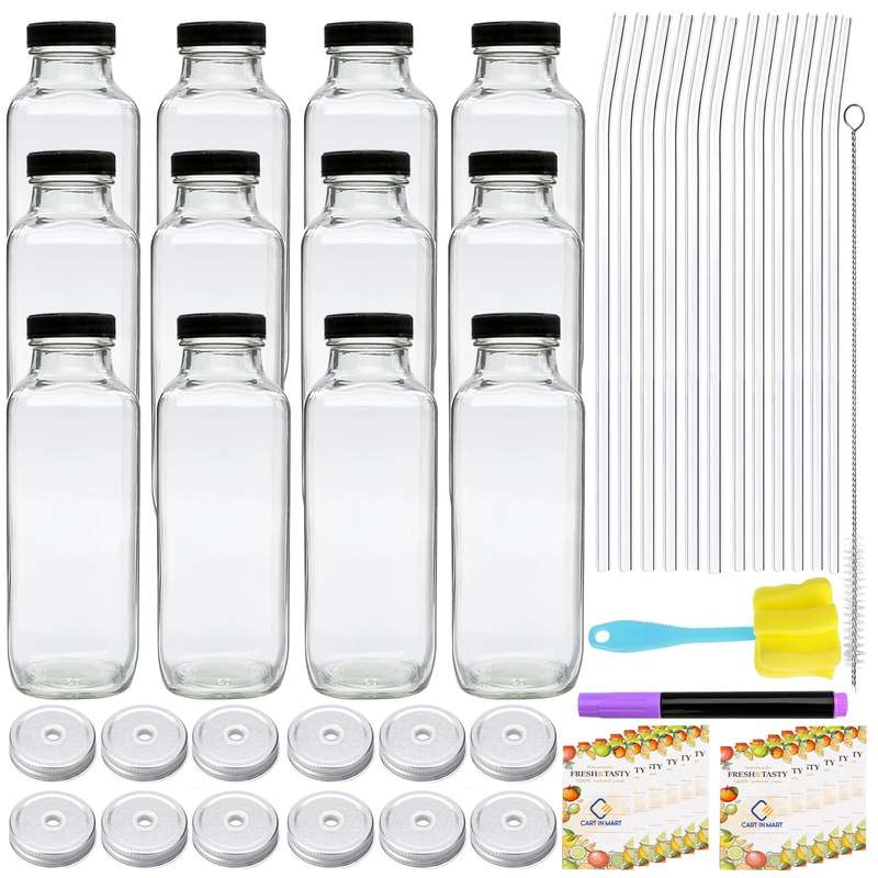 12 Pack Glass Juice Bottles With Lids 480ml Drinking Jars ,Glass Straws
