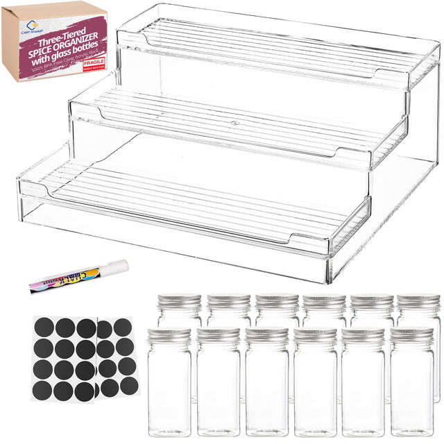 3 Tier Clear Acrylic Spice Rack Organiser With 12 Jars 24 Labels & Marker