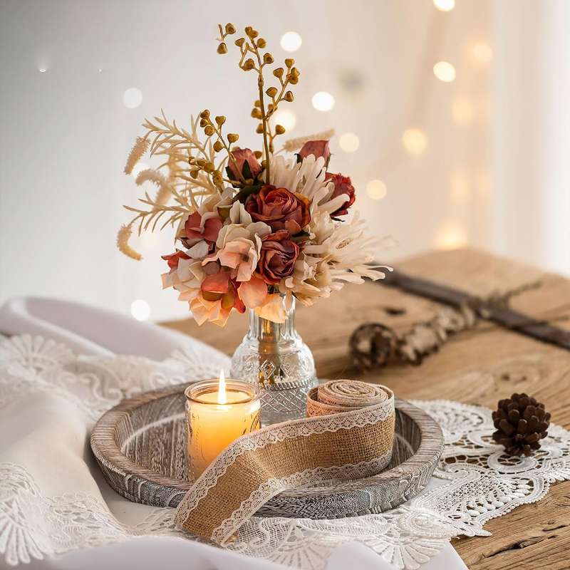 Round Wooden Serving Tray Vintage Home Decor Table Countertop Centerpiece - Rustic