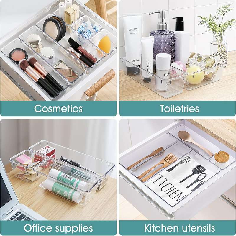 Clear Acrylic Drawer Organizer Bins 4 Sizes Cosmetic Kitchen Trays - 44 Piece