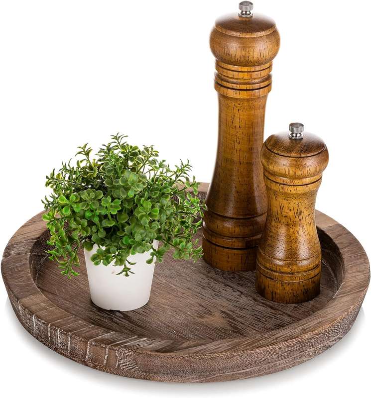 Round Wooden Serving Tray Vintage Home Decor Table Countertop Centerpiece - Rustic