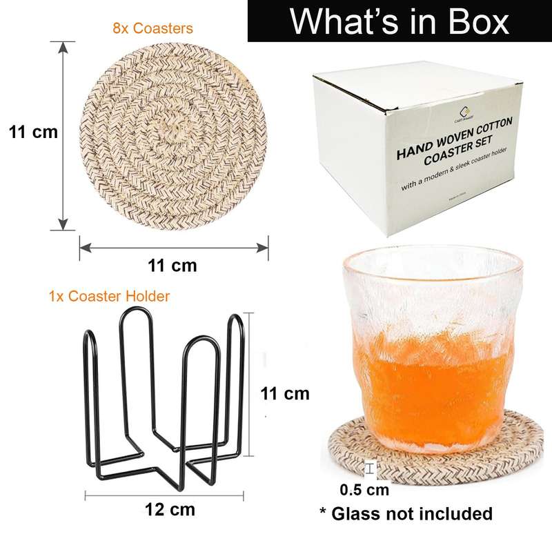 Cotton Drink Coasters With Holder For Drinks Minimalist Hand Woven - 8 Pack - 4 Colors