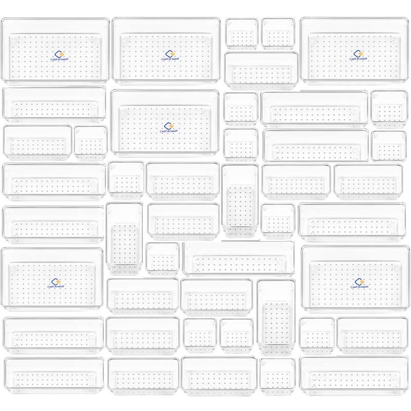 Clear Acrylic Drawer Organizer Bins 4 Sizes Cosmetic Kitchen Trays - 44 Piece