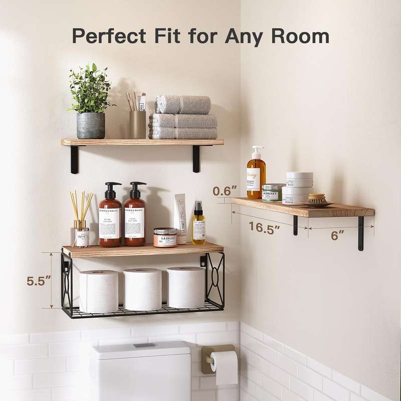 3 Pack Bathroom Floating Shelves For Wall Mounted Over Toilet- Rustic Brown