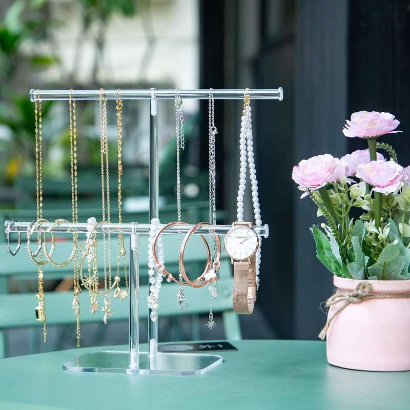 2 Tier Clear Acrylic Jewelry Stand Hanging Necklace Bracelet Display Holder