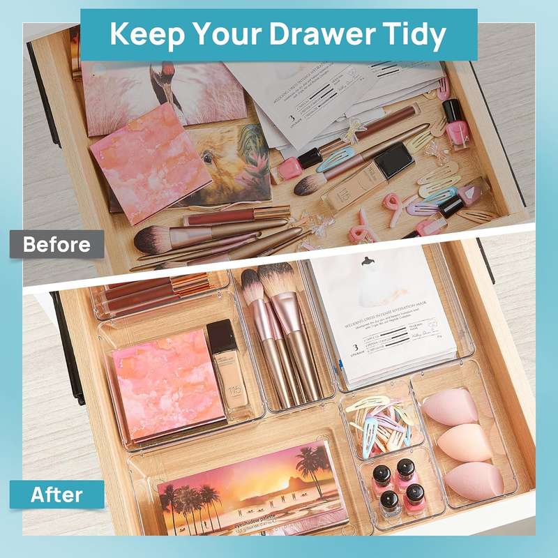 Clear Acrylic Drawer Organizer Bins 4 Sizes Cosmetic Kitchen Trays - 44 Piece