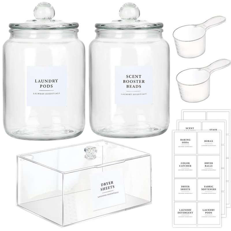 Glass Jars & Dryer Sheet Holder Laundry Room Organisation With Lid, Labels