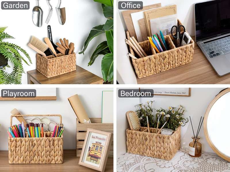 Wicker Cutlery Holder With Handle Silverware Caddy Organiser For Tabletop - Water Hyacinth