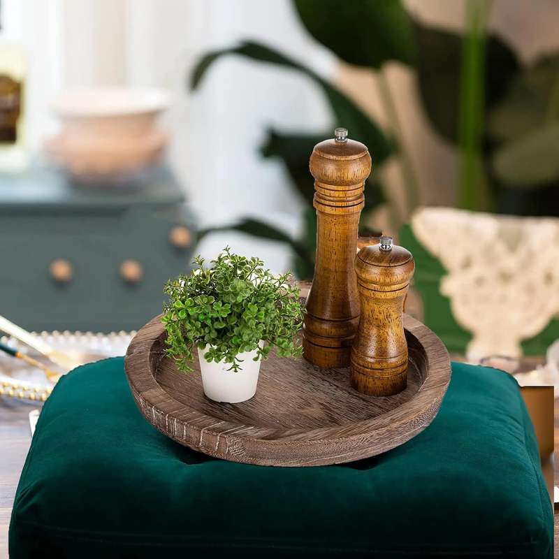 Round Wooden Serving Tray Vintage Home Decor Table Countertop Centerpiece - Rustic