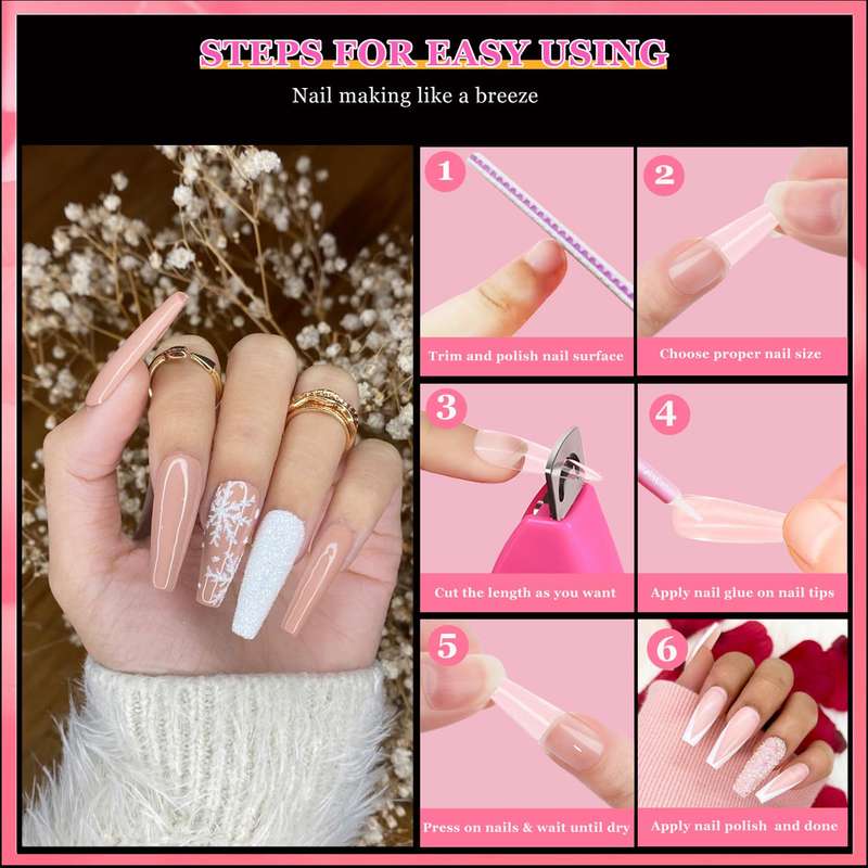 500 Pack Long Clear Acrylic Nail Tips Ballerina Coffin Set & Accessories