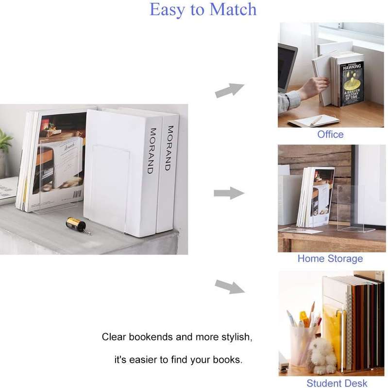 Clear Acrylic Bookends For Shelves Desk Book Stopper Organiser - 4 Piece