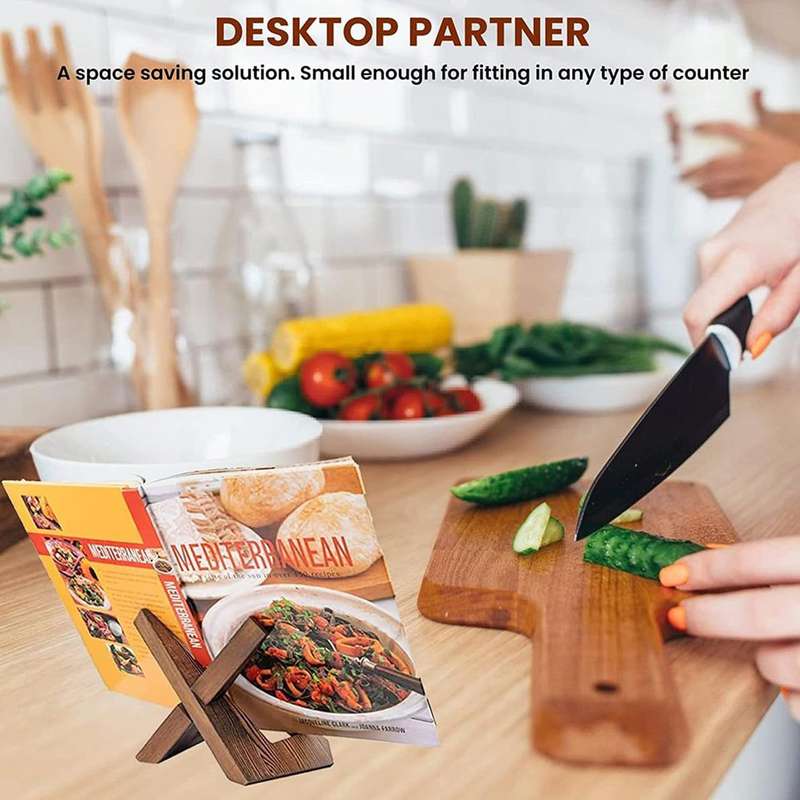 Wooden Cookbook Stand For Kitchen Counter Recipe Book Holder- Rustic Brown