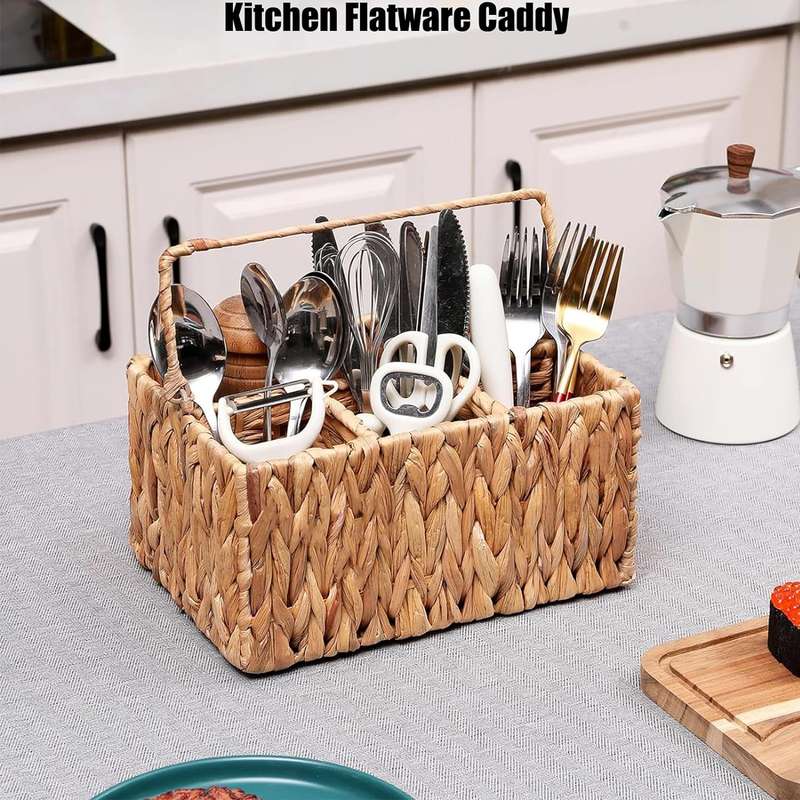Wicker Cutlery Holder With Handle Silverware Caddy Organiser For Tabletop - Water Hyacinth