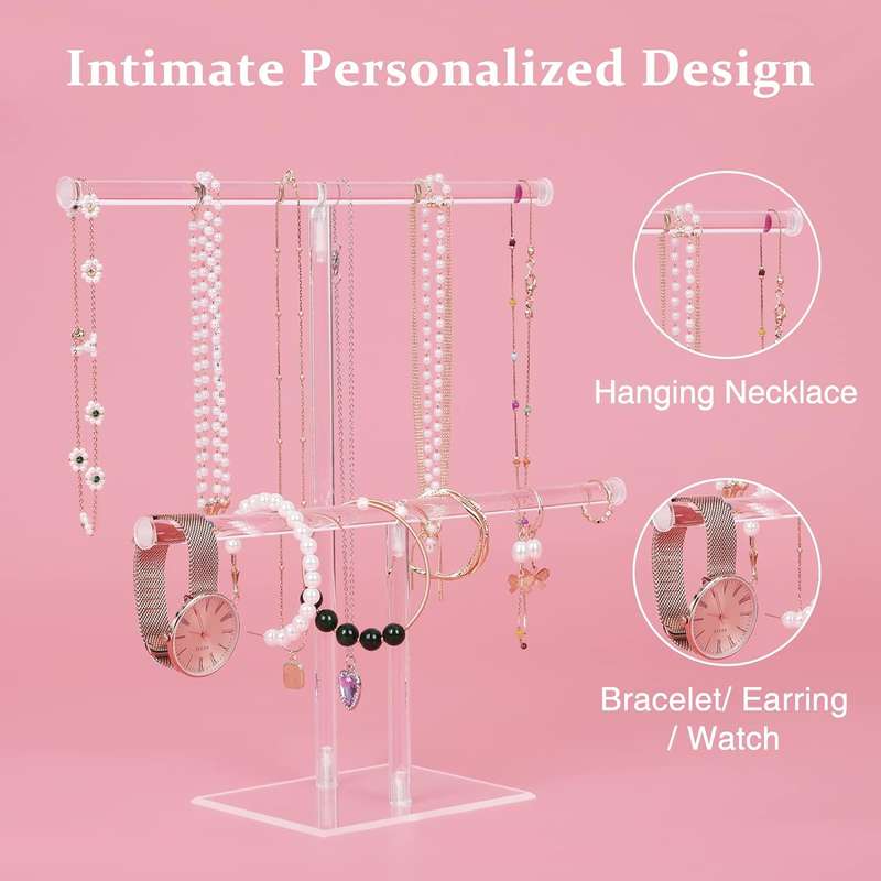 2 Tier Clear Acrylic Jewelry Stand Hanging Necklace Bracelet Display Holder