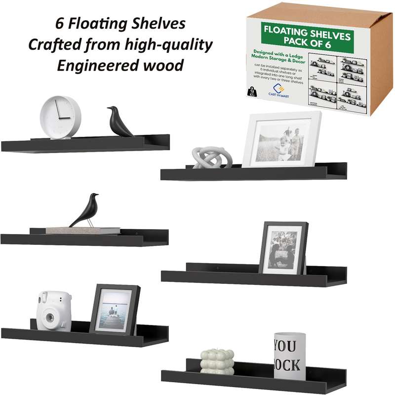6 Pack Floating Shelves With Lips Hanging Wall Decor For Bedroom Bathroom - Modern Black