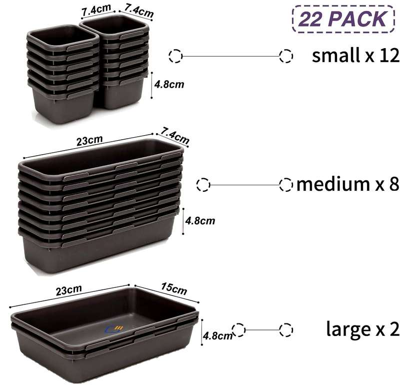 Plastic Drawer Organiser Storage Bins For Makeup Bathroom Utensils - 22 Piece