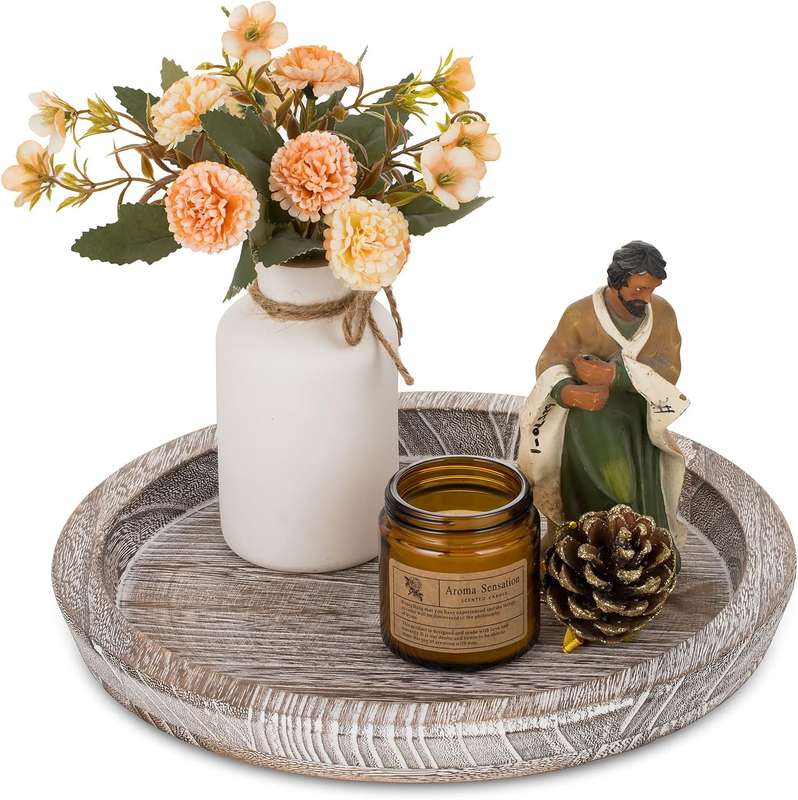 Round Wooden Serving Tray Vintage Home Decor Table Countertop Centerpiece - Rustic
