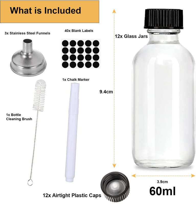 12 Pack Small Clear Glass Bottles 60ml For Travel, Juice, Boston-Multipupose