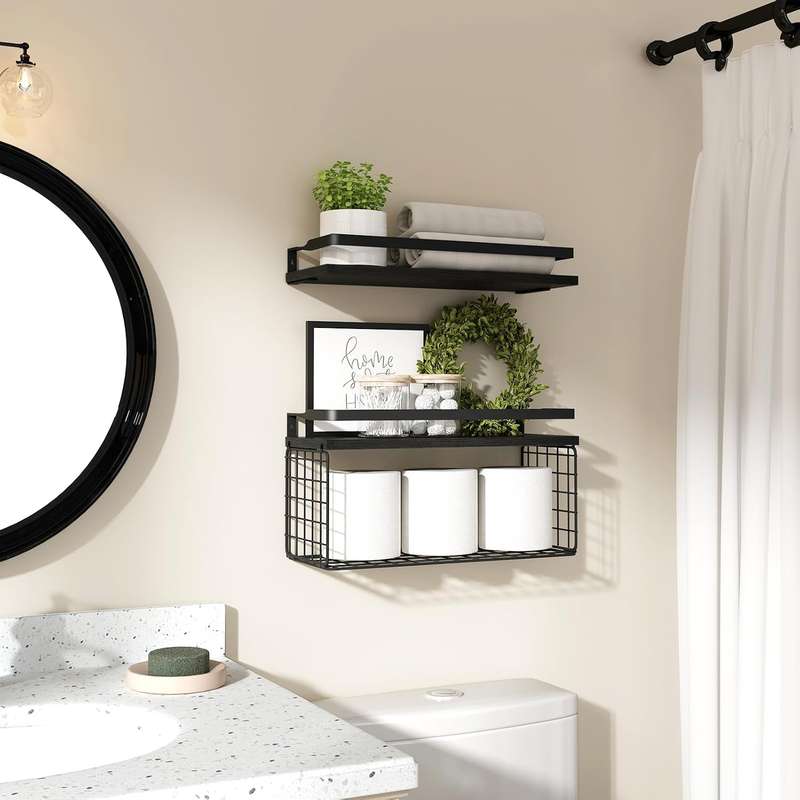 2 Pack Bathroom Floating Shelves With Storage Basket For Wall Over Toilet