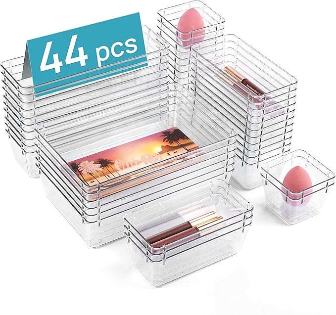 Clear Acrylic Drawer Organizer Bins 4 Sizes Cosmetic Kitchen Trays - 44 Piece